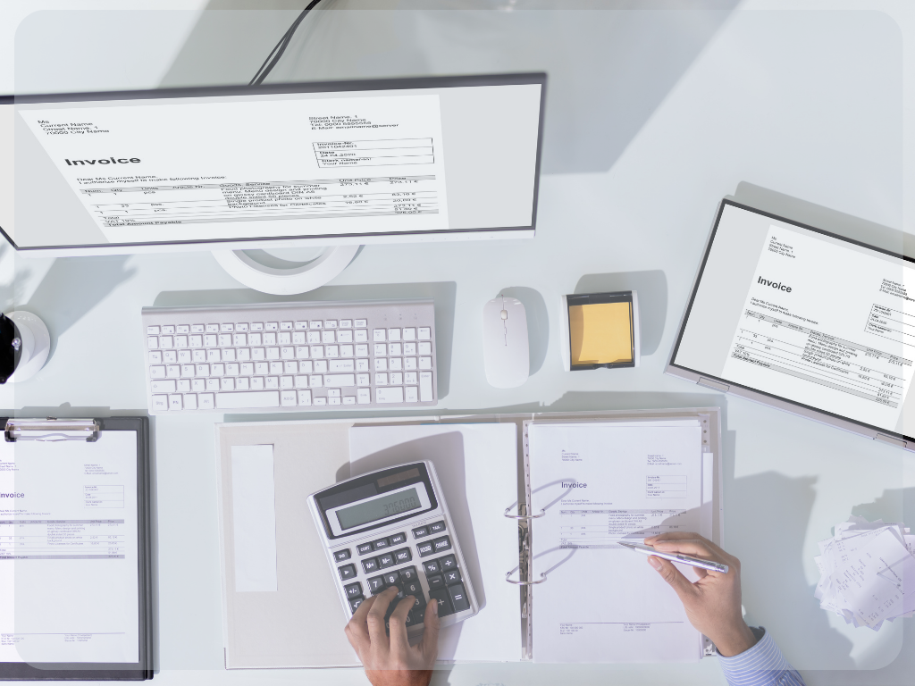An overhead photo of a workspace with a notebook, calculator, table and desktop.